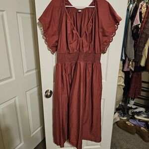 Old Navy Rust Midi Dress with Lace Sleeves